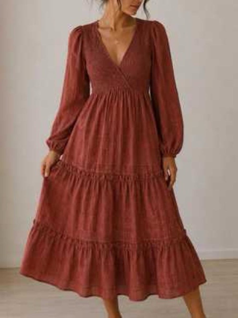 Moon River Rust Long Sleeve Tiered Maxi Dress